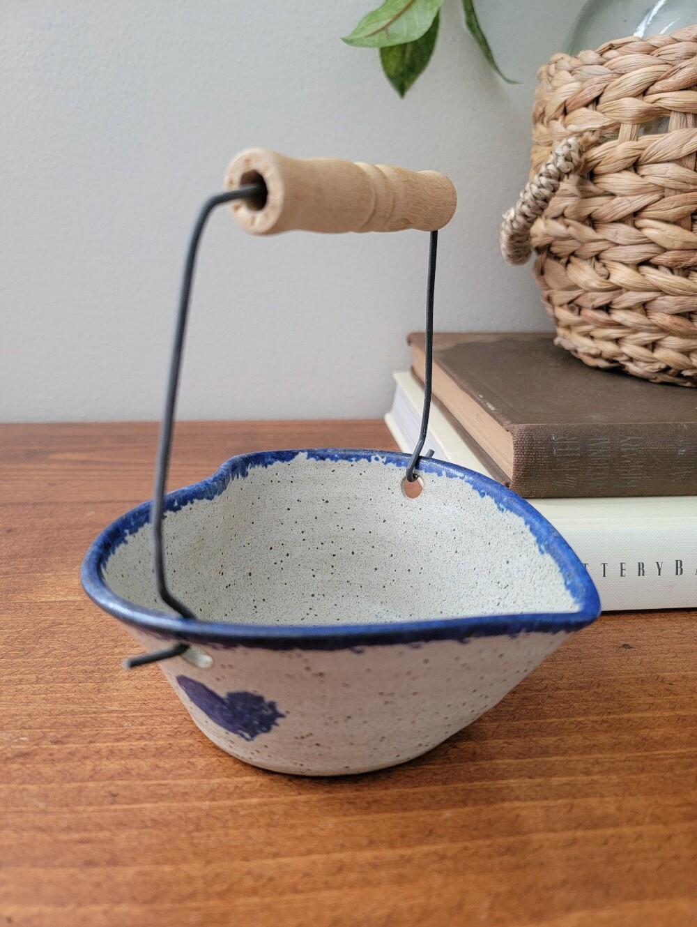 Vintage Signed Studio Art Pottery Heart Shaped Bowl With Bail Wood Handle